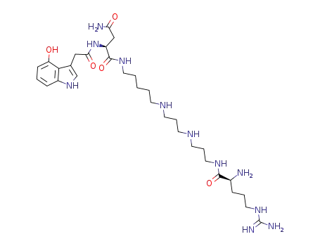 Molecular Structure of 117306-99-7 (N~1~-[5-({3-[(3-{[N~5~-(diaminomethylidene)ornithyl]amino}propyl)amino]propyl}amino)pentyl]-N~2~-[(4-hydroxy-1H-indol-3-yl)acetyl]aspartamide)