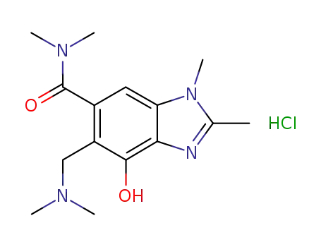 Molecular Structure of 1034771-47-5 (5-[(dimethylamino)methyl]-4-hydroxy-N,N,1,2-tetramethyl-1H-benzimidazole-6-carboxamide hydrochloride)