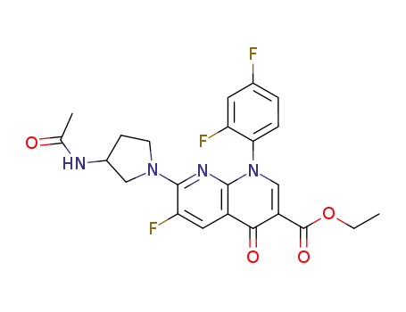 Molecular Structure of 100491-94-9 (ethyl 7-(3-acetylamino-1-pyrrolidinyl)-1-(2,4-difluorophenyl)-6-fluoro-1,4-dihydro-4-oxo-1,8-naphthyridine-3-carboxylate)