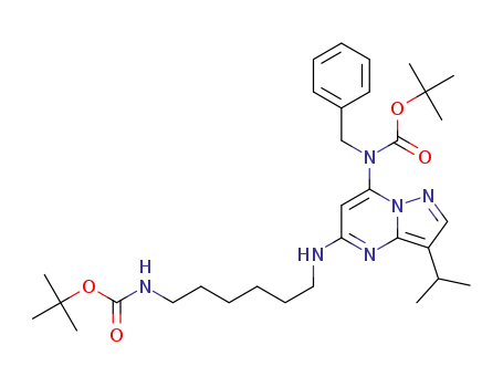 Molecular Structure of 1256288-44-4 (tert-butyl benzyl(5-((6-((tert-butoxycarbonyl)amino)hexyl)amino)-3-isopropylpyrazolo[1,5-a]pyrimidin-7-yl)carbamate)
