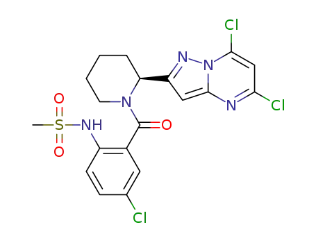 Molecular Structure of 1353628-61-1 ((S)-N-(4-chloro-2-(2-(5,7-dichloropyrazolo[1,5-a]pyrimidin-2-yl)piperidine-1-carbonyl)phenyl)methanesulfonamide)