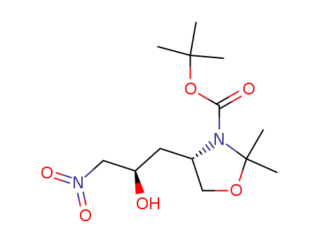 Molecular Structure of 850996-88-2 (3-Oxazolidinecarboxylic acid,
4-[(2R)-2-hydroxy-3-nitropropyl]-2,2-dimethyl-, 1,1-dimethylethyl ester,
(4S)-)