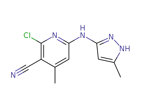 Molecular Structure of 914086-10-5 (2-chloro-6-(5-methyl-1H-pyrazol-3-ylamino)-4-methylnicotinonitrile)