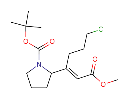 Molecular Structure of 321572-25-2 (1-Pyrrolidinecarboxylic acid,
2-[(1E)-4-chloro-1-(2-methoxy-2-oxoethylidene)butyl]-, 1,1-dimethylethyl
ester)