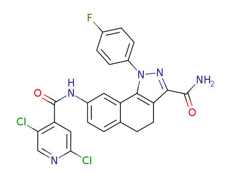 Molecular Structure of 503555-53-1 (8-[(2,5-dichloroisonicotinoyl)amino]-1-(4-fluoro-phenyl)-4,5-dihydro-1H-benzo[g]indazole-3-carboxamide)