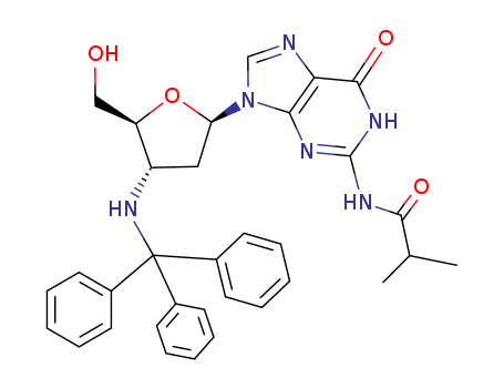 Molecular Structure of 195375-55-4 (Guanosine,
2',3'-dideoxy-N-(2-methyl-1-oxopropyl)-3'-[(triphenylmethyl)amino]-)