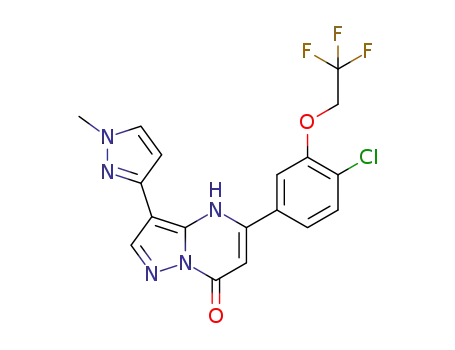 Molecular Structure of 1607023-49-3 (5-(4-chloro-3-(2,2,2-trifluoroethoxy)phenyl)-3-(1-methyl-1H-pyrazol-3-yl)pyrazolo[1,5-a]pyrimidin-7(4H)-one)