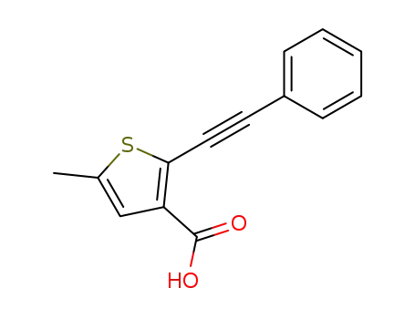 Molecular Structure of 89556-17-2 (3-Thiophenecarboxylic acid, 5-methyl-2-(phenylethynyl)-)