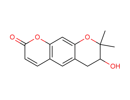 Molecular Structure of 21860-31-1 ((R)-7-Hydroxy-8,8-dimethyl-7,8-dihydro-2H,6H-benzo[1,2-b:5,4-b']dipyran-2-one)