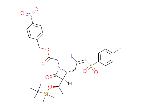 Molecular Structure of 139211-50-0 ((3S,4R)-3-<(1R)-1-<<(1,1-dimethylethyl)-dimethylsilyl>oxy>ethyl>-2-oxo-4-<3-<(4-fluorophenyl)-sulfonyl>-2-iodo-2(E)-propenyl>-1-azetidineacetic acid,(4-nitrophenyl)methyl ester)