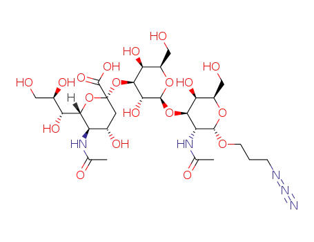 Molecular Structure of 1282094-51-2 (3-azidopropyl O-(5-acetamido-3,5-dideoxy-D-glycero-α-D-galacto-2-nonulopyranosylonic acid)-(2→3)-β-D-galactopyranosyl-(1→3)-2-acetamido-2-deoxy-β-D-galactopyranoside)