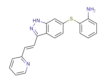 Molecular Structure of 1133966-20-7 ((E)-2-(3-(2-(pyridin-2-yl)vinyl)-1H-indazol-6-ylthio)benzenamine)