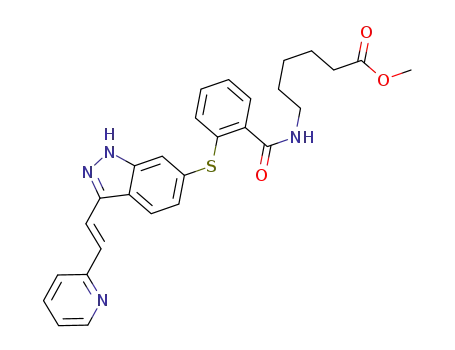 Molecular Structure of 1012060-44-4 (methyl 6-(2-(3-((E)-2-(pyridin-2-yl)vinyl)-1H-indazol-6-ylthio)benzamido)hexanoate)