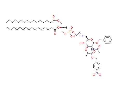 Molecular Structure of 79416-10-7 (Hexadecanoic acid (R)-2-{[2-({(2R,3R,4R,5R,6S)-5-acetylamino-6-benzyloxy-3-hydroxy-4-[1-(4-nitro-benzyloxycarbonyl)-ethoxy]-tetrahydro-pyran-2-ylmethyl}-amino)-ethoxy]-hydroxy-phosphoryloxy}-1-hexadecanoyloxymethyl-ethyl ester)