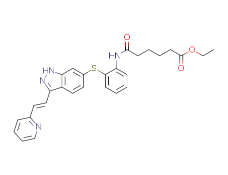 Molecular Structure of 1133966-19-4 ((E)-ethyl 6-oxo-6-(2-(3-(2-(pyridin-2-yl)vinyl)-1H-indazol-6-ylthio)phenylamino)hexanoate)