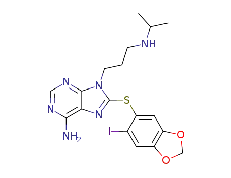 Molecular Structure of 873436-91-0 (6-Amino-8-[(6-iodo-1,3-benzodioxol-5-yl)thio]-N-(1-methylethyl)-9H-purine-9-propanamine)