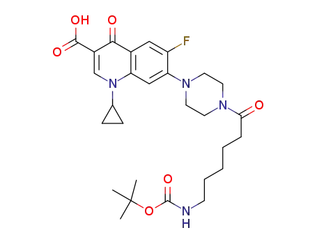 Molecular Structure of 1407510-82-0 (7-(4-(6-((tert-butoxycarbonyl)amino)hexanoyl)piperazin-1-yl)-1-cyclopropyl-6-fluoro-4-oxo-1,4-dihydroquinoline-3-carboxylic acid)