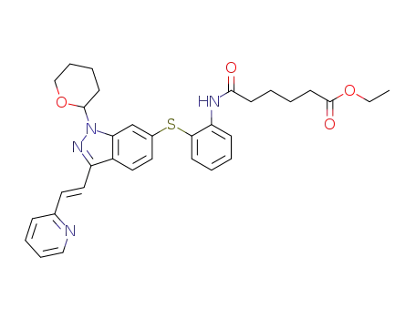 Molecular Structure of 1133966-18-3 ((E)-ethyl 6-oxo-6-(2-(3-(2-(pyridin-2-yl)vinyl)-1-(tetrahydro-2H-pyran-2-yl)-1H-indazol-6-ylthio)phenylamino)hexanoate)