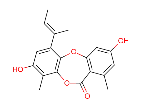 Molecular Structure of 36587-59-4 (3,8-Dihydroxy-1,9-dimethyl-6-(1-methyl-1-propenyl)-11H-dibenzo[b,e][1,4]dioxepin-11-one)