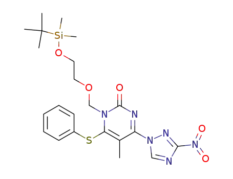 Molecular Structure of 132885-38-2 (1-<<2-<(tert-butyldimethylsilyl)oxy>ethoxy>methyl>-4-(3-nitro-1,2,4-triazol-1-yl)-5-methyl-6-(phenylthio)pyrimidin-2-one)