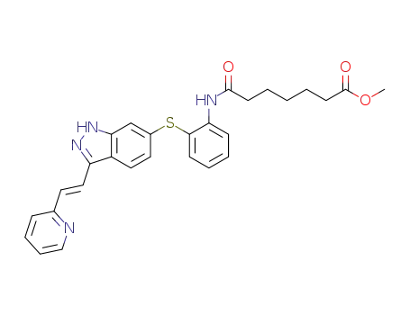 Molecular Structure of 1133966-21-8 ((E)-methyl 7-oxo-7-(2-(3-(2-(pyridin-2-yl)vinyl)-1H-indazol-6-ylthio)phenylamino)heptanoate)