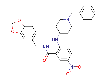 Molecular Structure of 247566-98-9 (2-(1-Benzylpiperidin-4-ylamino)-5-nitro-N-(1,3-benzodioxol-5-ylmethyl)benzamide)
