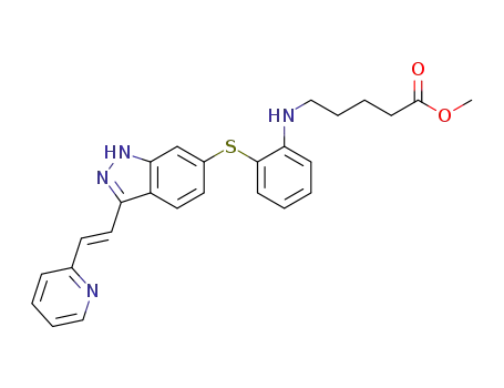 Molecular Structure of 1133966-15-0 ((E)-methyl 5-(2-(3-(2-(pyridin-2-yl)vinyl)-1H-indazol-6-ylthio)phenylamino)pentanoate)