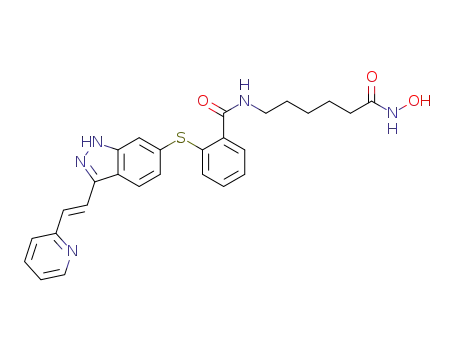 Molecular Structure of 1012056-56-2 (N-(5-(hydroxycarbamoyl)pentyl)-2-(3-((E)-2-(pyridin-2-yl)vinyl)-1H-indazol-6-ylthio)benzamide)