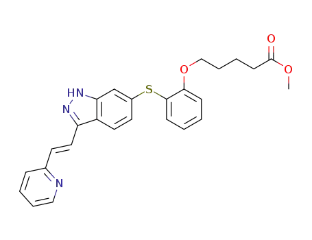 Molecular Structure of 1133966-05-8 ((E)-methyl 5-(2-(3-(2-(pyridin-2-yl)vinyl)-1H-indazol-6-ylthio)phenoxy)pentanoate)