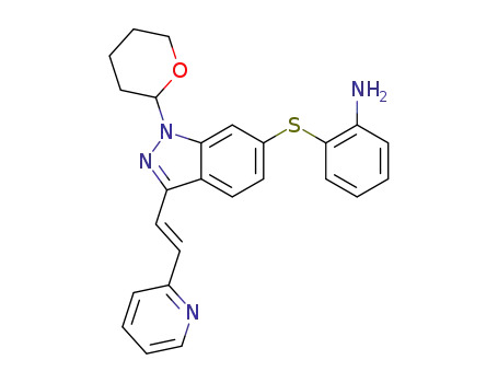 Molecular Structure of 1133966-14-9 ((E)-2-(3-(2-(pyridin-2-yl)vinyl)-1-(tetrahydro-2H-pyran-2-yl)-1H-indazol-6-ylthio)benzenamine)