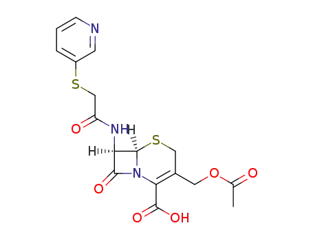 Molecular Structure of 21593-24-8 ((6<i>R</i>)-3-acetoxymethyl-8-oxo-7<i>t</i>-(2-pyridin-3-ylsulfanyl-acetylamino)-(6<i>r</i><i>H</i>)-5-thia-1-aza-bicyclo[4.2.0]oct-2-ene-2-carboxylic acid)