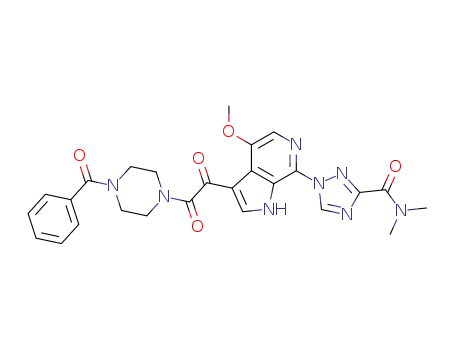 Molecular Structure of 701213-00-5 (1-(3-(2-(4-benzoylpiperazin-1-yl)-2-oxoacetyl)-4-methoxy-1H-pyrrolo[2,3-c]pyridin-7-yl)-N,N-dimethyl-1H-1,2,4-triazole-3-carboxamide)