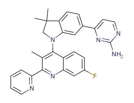 Molecular Structure of 1259512-13-4 (4-(1-(7-fluoro-3-methyl-2-(2-pyridinyl)-4-quinolinyl)-3,3-dimethyl-2,3-dihydro-1H-indol-6-yl)-2-pyrimidinamine)