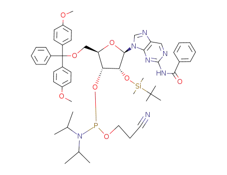 Molecular Structure of 129944-21-4 (N<sup>2</sup>-benzoyl-9-{5'-O-(4,4'-dimethoxytriphenylmethyl)-2'-O-[(tert-butyl)dimethylsilyl]-β-D-ribofuranosyl}-9H-purin-2-amine 3'-(2-cyanoethyl N,N-diisopropylphosphoramidite))