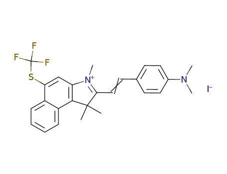 Molecular Structure of 88581-35-5 (1H-Benz[e]indolium,
2-[2-[4-(dimethylamino)phenyl]ethenyl]-1,1,3-trimethyl-5-[(trifluoromethyl)
thio]-, iodide)