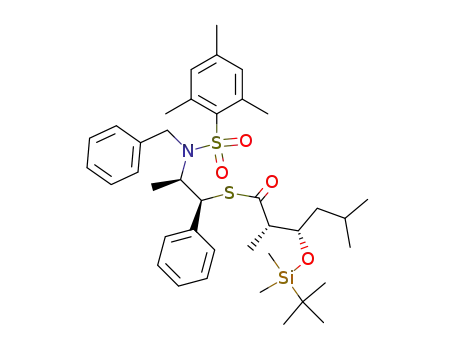Molecular Structure of 913288-93-4 ((2S,3S)-3-(tert-Butyl-dimethyl-silanyloxy)-2,5-dimethyl-hexanethioic acid S-{(1S,2R)-2-[benzyl-(2,4,6-trimethyl-benzenesulfonyl)-amino]-1-phenyl-propyl} ester)