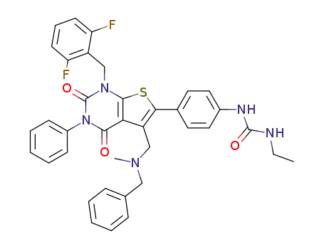 Molecular Structure of 481049-95-0 (N-(4-{5-{[benzyl(methyl)amino]methyl}-1-(2,6-difluorobenzyl)-3-phenyl-2,4-dioxo-1,2,3,4-tetrahydrothieno[2,3-d]pyrimidin-6-yl}phenyl)-N'-ethylurea)