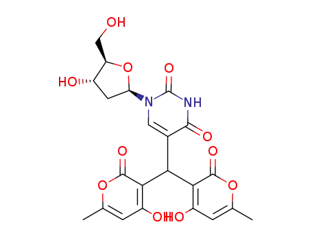 Molecular Structure of 1217597-43-7 (bis(4-hydroxy-6-methyl-2-oxo-2H-pyran-3-yl)[1-(2-deoxy-β-D-ribosyl)-1,2,3,4-tetrahydropyrimidin-5-yl]methane)