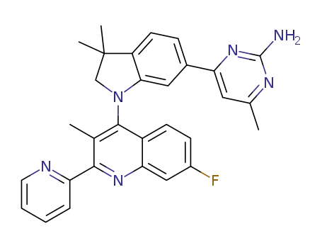 Molecular Structure of 1259512-37-2 (4-(1-(7-fluoro-3-methyl-2-(2-pyridinyl)-4-quinolinyl)-3,3-dimethyl-2,3-dihydro-1H-indol-6-yl)-6-methyl-2-pyrimidinamine)