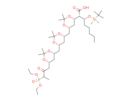 Molecular Structure of 198955-18-9 ([2(1R),2S,3S,5S,7S,9R,11R,13R]-16-diethylphosphono-2-(1-(1,1-dimethylethyl)dimethylsiloxy-hexyl)-3,5,7,9,11,13-hexahydroxy-3:5,7:9,11:13-tris-O-(1-methylethylidine)-15-oxo-heptadecanoic acid)