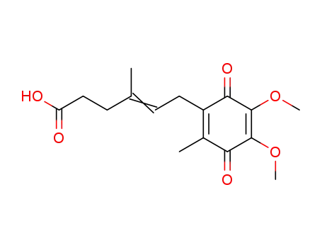 Molecular Structure of 26539-23-1 (4-Hexenoic acid,
6-(4,5-dimethoxy-2-methyl-3,6-dioxo-1,4-cyclohexadien-1-yl)-4-methyl-)