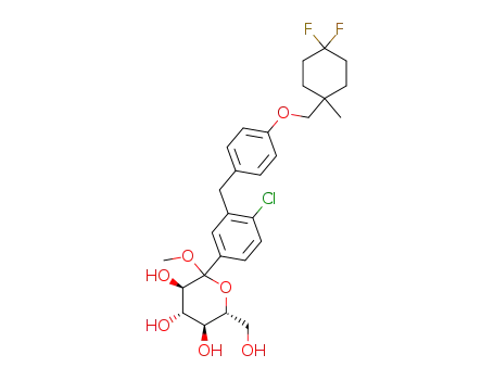 Molecular Structure of 1360569-04-5 ((3R,4S,5S,6R)-2-(4-chloro-3-(4-((4,4-difluoro-1-methylcyclohexyl)methoxy)benzyl)phenyl)-6-(hydroxymethyl)-2-methoxytetrahydro-2H-pyran-3,4,5-triol)