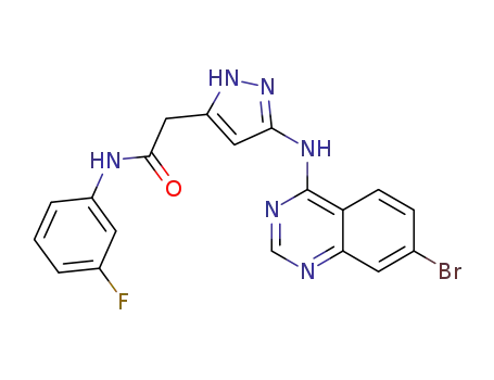 Molecular Structure of 1186390-14-6 (2-(3-(7-bromoquinazolin-4-ylamino)-1H-pyrazol-5-yl)-N-(3-fluorophenyl)acetamide)