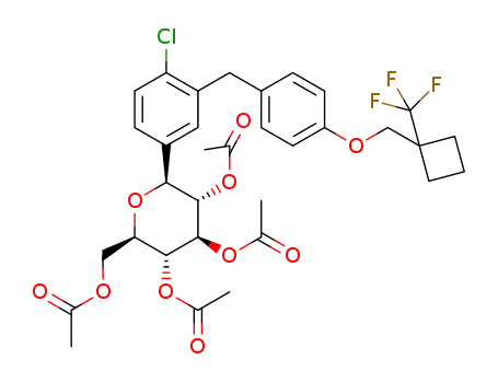 Molecular Structure of 1360569-36-3 ((2R,3R,4R,5S,6S)-2-(acetoxymethyl)-6-(4-chloro-3-(4-((1-( trifluoromethyl)cyclobutyl)methoxy)benzyl)phenyl)tetrahydro-2H-pyran-3,4,5-triyl triacetate)