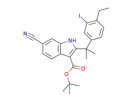Molecular Structure of 1256584-75-4 (tert-butyl 6-cyano-2-(2-(4-ethyl-3-iodophenyl)propan-2-yl)-1H-indole-3-carboxylate)