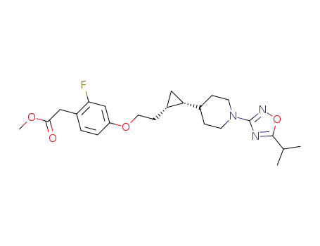 Molecular Structure of 1402555-40-1 (methyl 2-(2-fluoro-4-(2-((1S,2R)-2-(1-(5-isopropyl-1,2,4-oxadiazol-3-yl)piperidin-4-yl)cyclopropyl)ethoxy)phenyl)acetate)