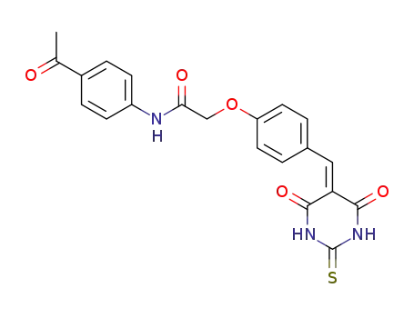 Molecular Structure of 1310561-74-0 (N-(4-acetylphenyl)-2-(4-((4,6-dioxo-2-thioxotetrahydropyrimidin-5(6H)-ylidene)methyl)phenoxy)acetamide)