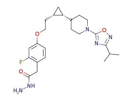 Molecular Structure of 1402555-42-3 (2-[2-fluoro-4-(2-{(1S,2R)-2-[1-(3-isopropyl-1,2,4-oxadiazol-5-yl)piperidin-4-yl]cyclopropyl}ethoxy)phenyl]acetohydrazide)