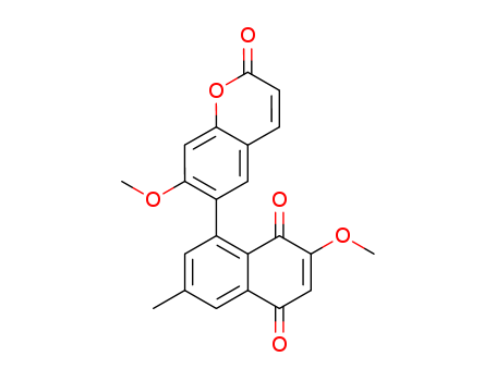 Molecular Structure of 114032-22-3 (1,4-Naphthalenedione,2-methoxy-8-(7-methoxy-2-oxo-2H-1-benzopyran-6-yl)-6-methyl-)