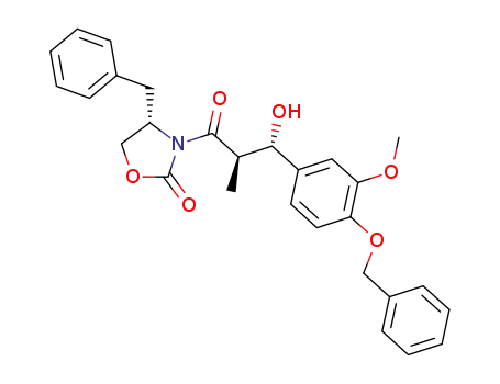 Molecular Structure of 898546-99-1 ((S)-4-benzyl-3-((2R,3S)-3-(4-(benzyloxy)-3-methoxyphenyl)-3-hydroxy-2-methylpropanoyl)oxazolidin-2-one)